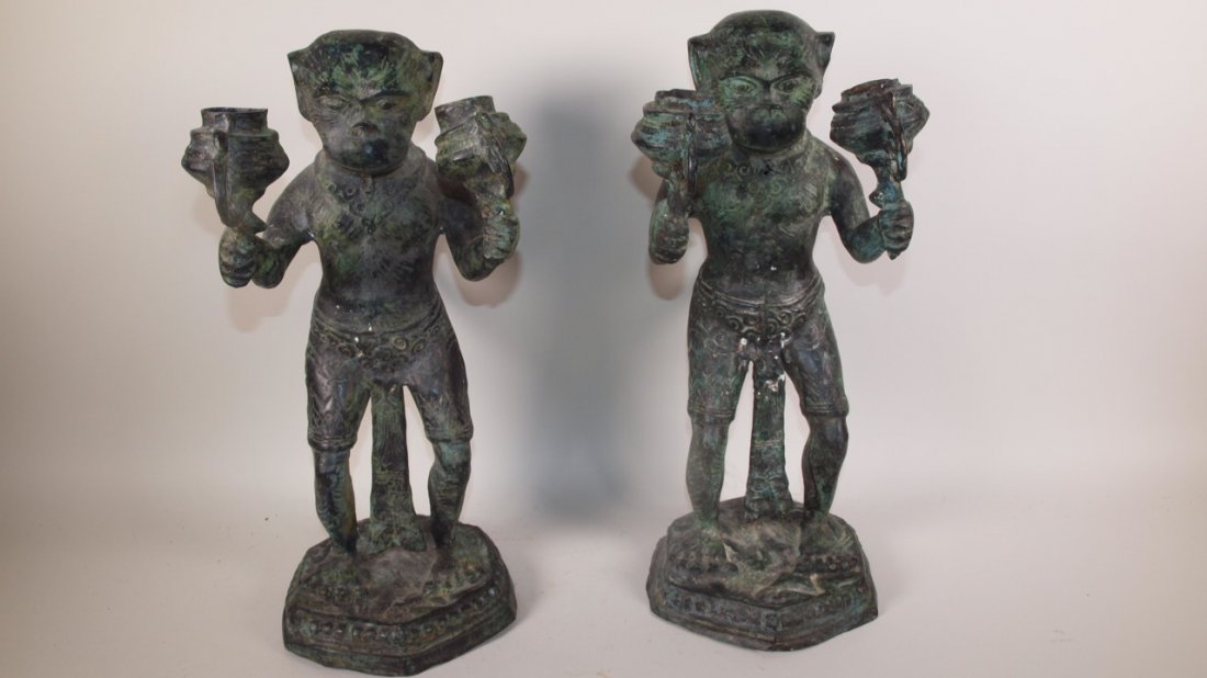 Bronze pair of figural monkey candle holders, 16 1/2"h: Bronze pair of figural monkey candle holders, 16 1/2"h