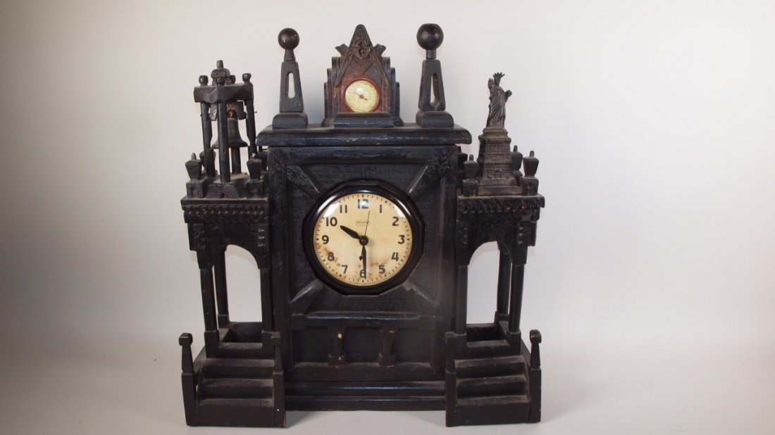 Tramp Art Ingraham clock with Liberty Bell, Statue of: Tramp Art Ingraham clock with Liberty Bell, Statue of Liberty, Mason's thermometer (loss to Statue of Liberty's arm)