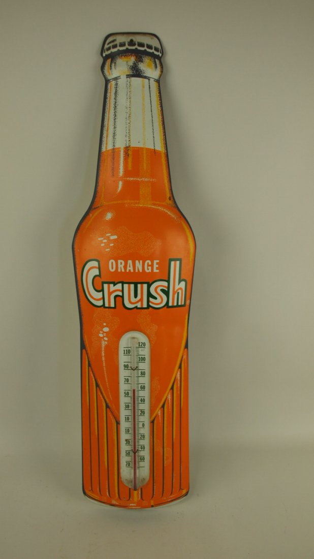 Orange Crush advertising thermometer: Orange Crush advertising thermometer, bottle shape, works, 29" x 7"
