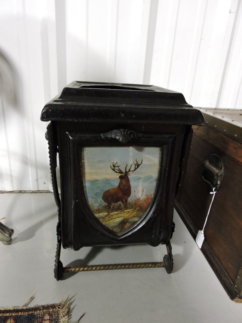 Cast iron and metal coal hod with elk: Cast iron and metal coal hod with elk