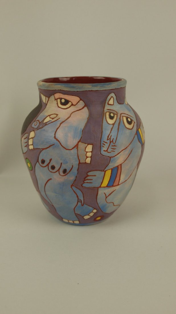 W. Ledesma contemporary art pottery vase,1988,: W. Ledesma contemporary art pottery vase,1988, depicting African natives, elephant, & cat, 5 3/4"