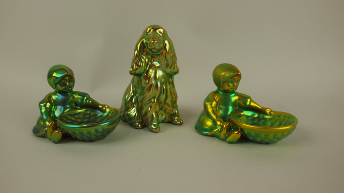 Zsolnay lot of 3 figurals - dog 4 1/2", and 2 Dutch: Zsolnay lot of 3 figurals - dog 4 1/2", and 2 Dutch girls with baskets, 3"