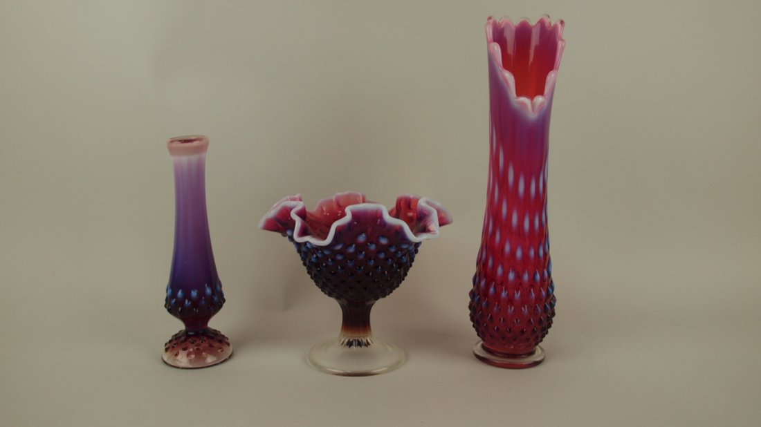 Fenton plum opalescent hobnail lot of 3 pcs - bud vase: Fenton plum opalescent hobnail lot of 3 pcs - bud vase 8", 5 1/2" compote, 12" vase
