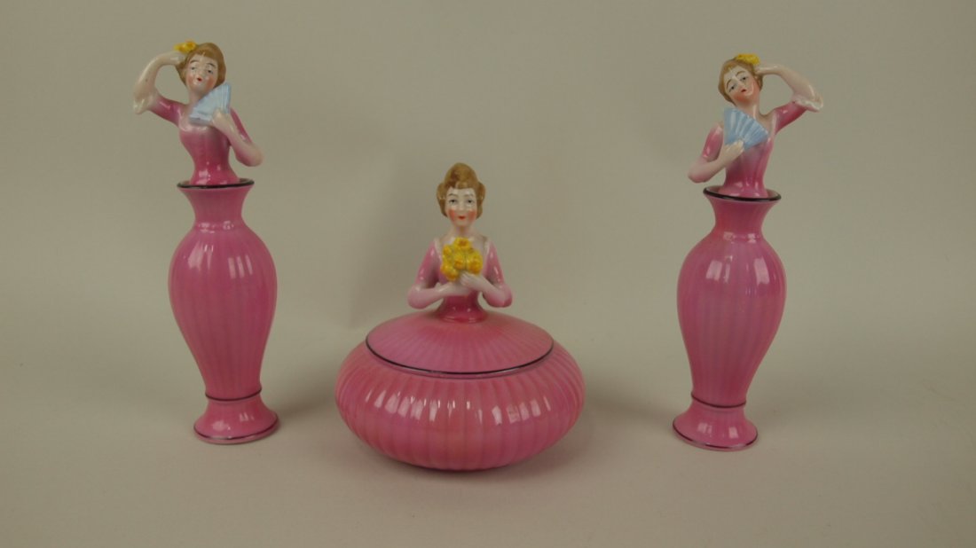 Bavarian porcelain figural dresser jar & 2 perfume: Bavarian porcelain figural dresser jar & 2 perfume bottles with ladies