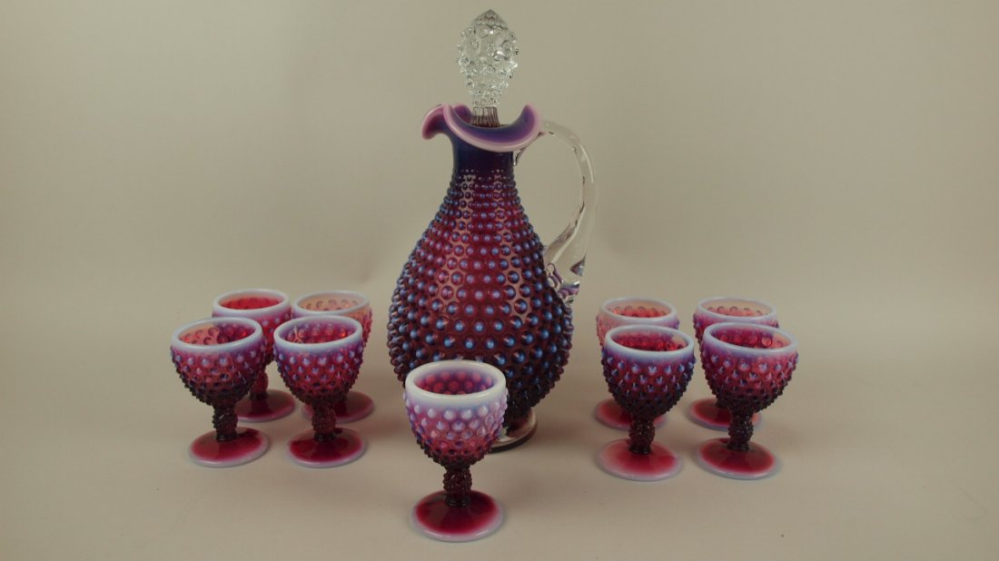Fenton Plum opalescent hobnail wine decanter and 9: Fenton Plum opalescent hobnail wine decanter and 9 matching goblets, #3761 & #3843, rare set