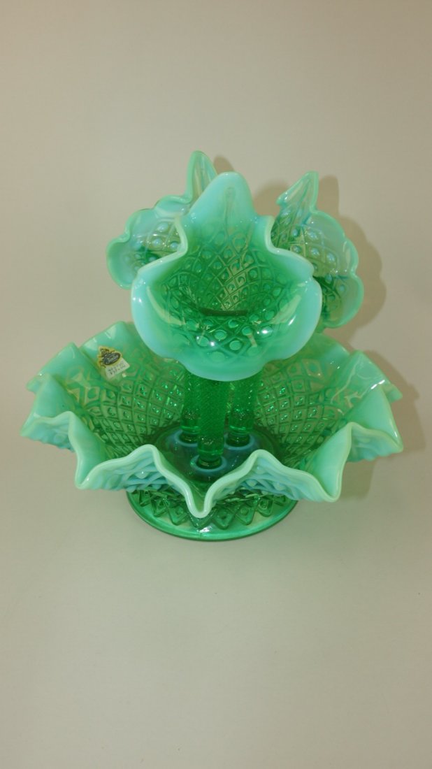 Fenton green opalescent diamond lace hobnail 3 horn: Fenton green opalescent diamond lace hobnail 3 horn epergne, 10"h, Connoisseur Collection #336
