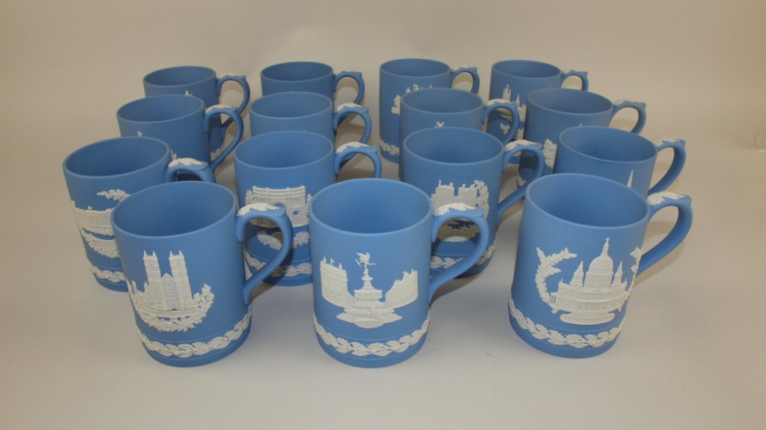 Wedgwood blue Jasperware set of 15 Christmas mugs: Wedgwood blue Jasperware set of 15 Christmas mugs 1971-85 (missing 1975)