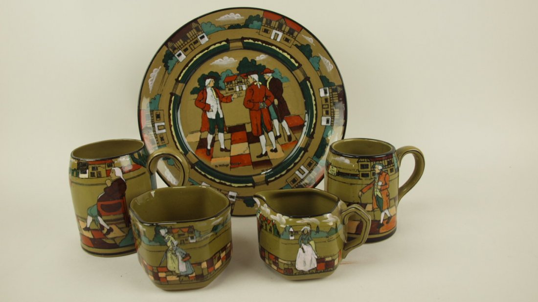 Buffalo Pottery Deldareware lot of 5 pcs: plate, 2: Buffalo Pottery Deldareware lot of 5 pcs: plate, 2 mugs, cream & sugar