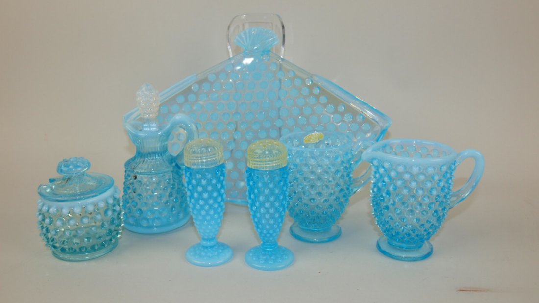 Fenton blue opalescent hobnail #389 rare condiment set: Fenton blue opalescent hobnail #389 rare condiment set with very rare fan tray, marmalade, mustard, salt & pepper, oil cruet, sugar & creamer