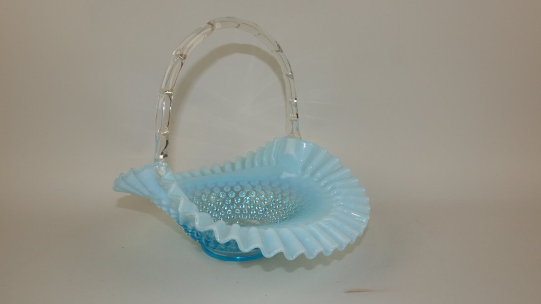 Fenton blue opalescent hobnail #3830 basket 10": Fenton blue opalescent hobnail #3830 basket 10"