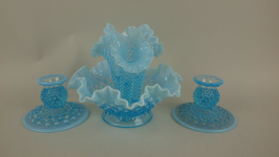 Fenton blue opalescent hobnail #3801 three horn epergne: Fenton blue opalescent hobnail #3801 three horn epergne with matching #3974 candle holders