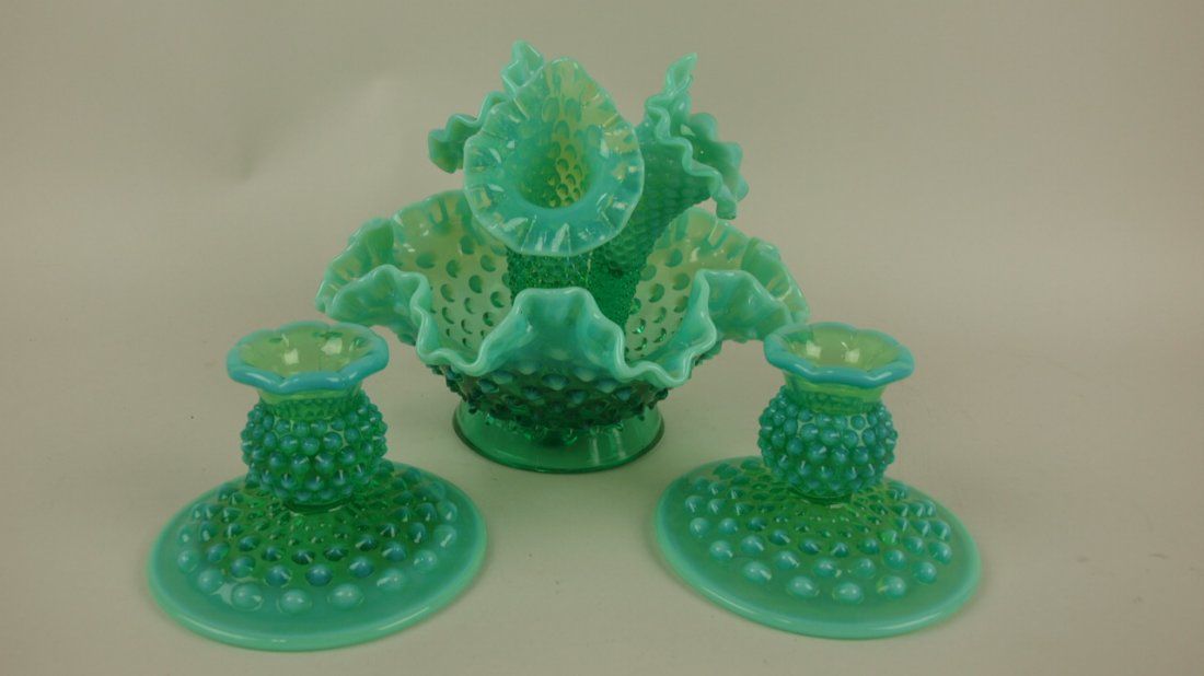Fenton emerald green opalescent hobnail #3801 three: Fenton emerald green opalescent hobnail #3801 three horn epergne and matching #3974 candle holders