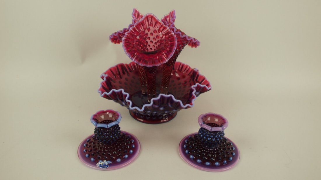 Fenton plum opalescent hobnail #3701-10" three horn: Fenton plum opalescent hobnail #3701-10" three horn epergne and matching pair #3974 candle holders (made for a short run for Levi Distribution Company)