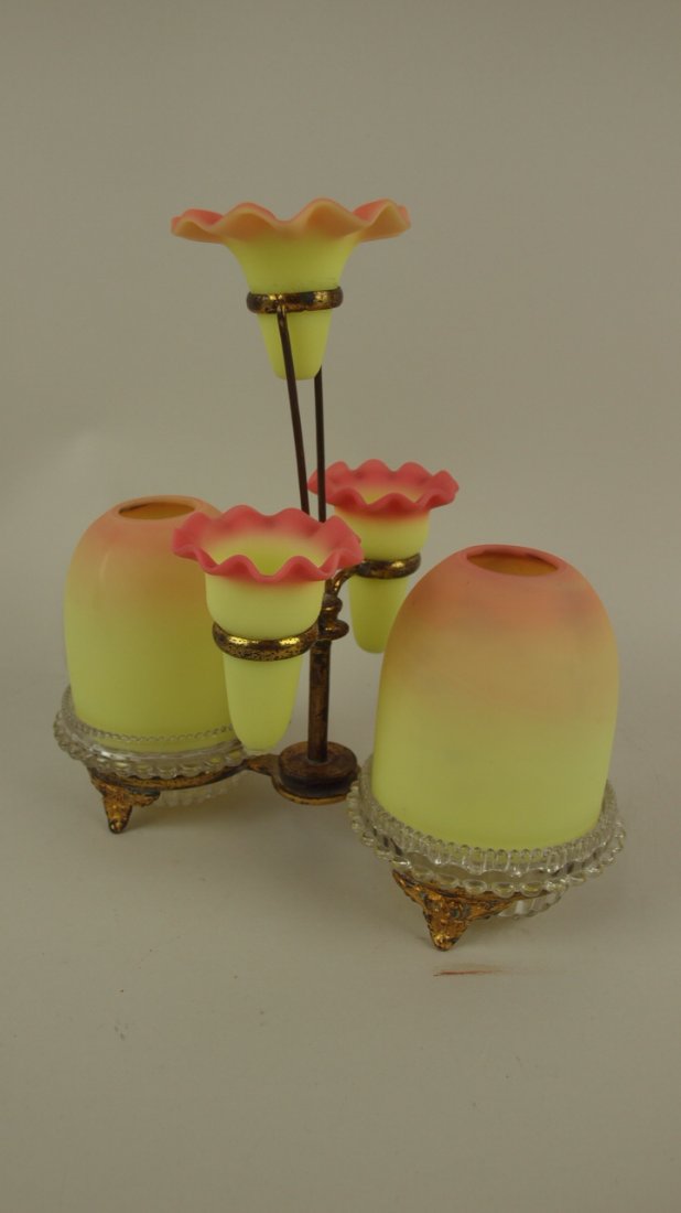 Burmese two light fairy lamp with 3 horn epergne and: Burmese two light fairy lamp with 3 horn epergne and brass holder 9", bottom tip of one epergne with chip
