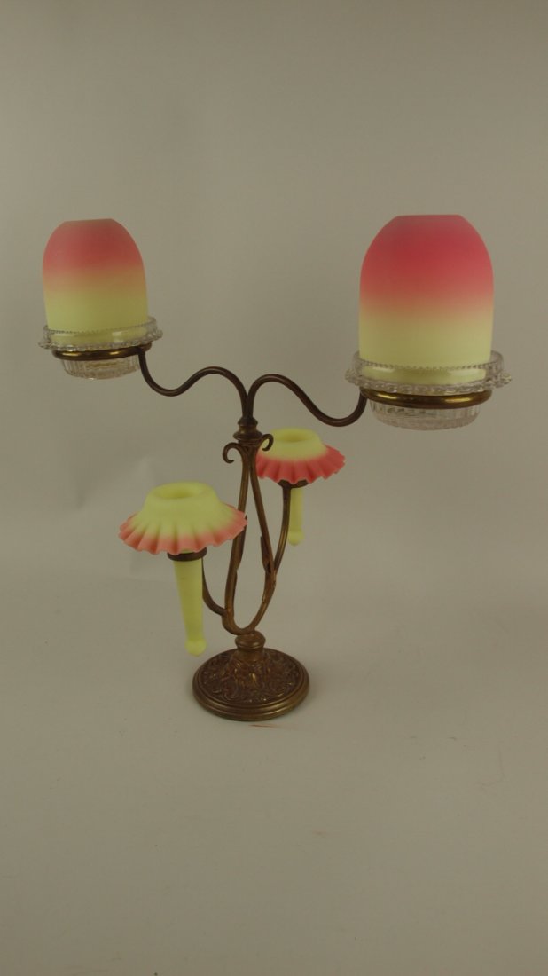 Burmese two light epergne fairy lamp, (one epergne horn: Burmese two light epergne fairy lamp, (one epergne horn repair tip) with brass holder, 15 1/2"h 15 1/2"w