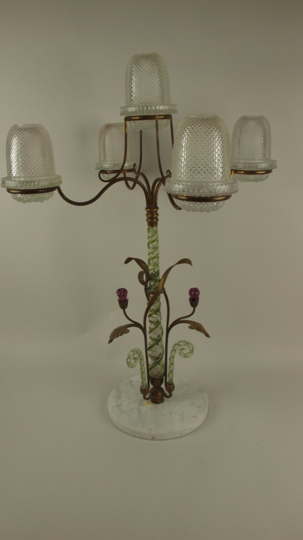 Clarke's 5 light epergne fairy lamp with clear raised: Clarke's 5 light epergne fairy lamp with clear raised diamond shades, base signed, 25", one glass candy cane at base repaired