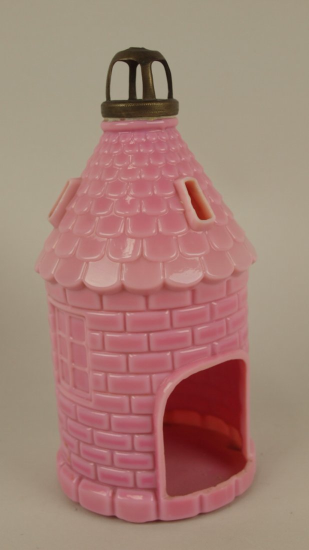 Rare figural pink slag glass fairy lamp with brass: Rare figural pink slag glass fairy lamp with brass chimney 7"