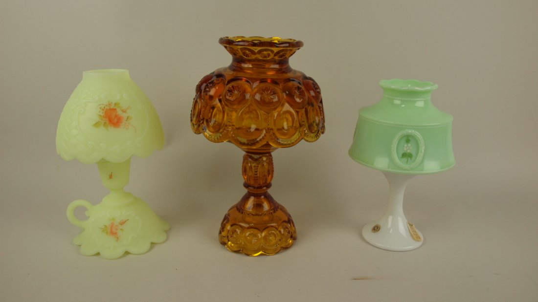 Fairy lamp group of 3: Fenton custard with roses, amber: Fairy lamp group of 3: Fenton custard with roses, amber Indiana Glass moon & star, Westmoreland with green shade