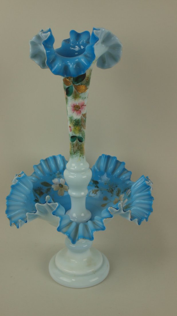Bristol glass floral enamel epergne, 16": Bristol glass floral enamel epergne, 16"