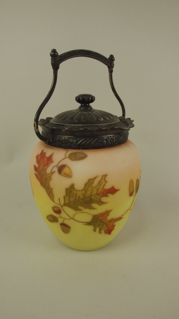 Satin glass cracker jar with gold & colored enamel: Satin glass cracker jar with gold & colored enamel acorns & oak leaves