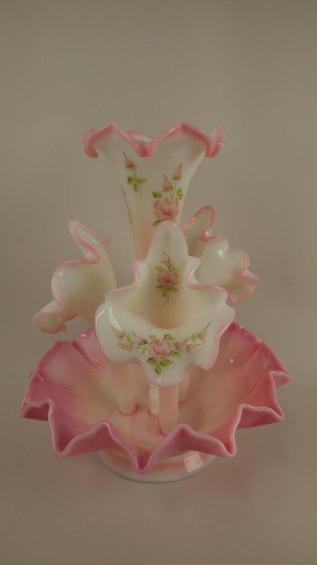 Fenton Rosalene 5 pc epergne from Connoisseur: Fenton Rosalene 5 pc epergne from Connoisseur Collection #88 with painted roses, only 2 were painted, 13"