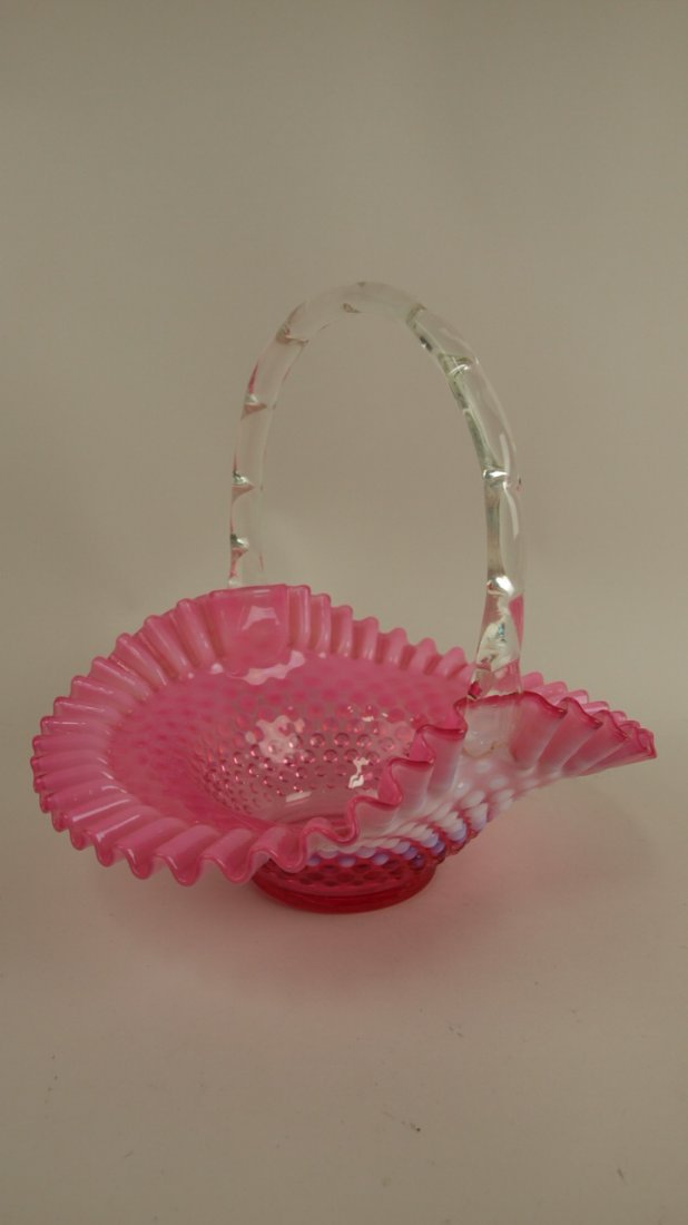 Fenton cranberry opalescent hobnail large 10" basket: Fenton cranberry opalescent hobnail large 10" basket #3830