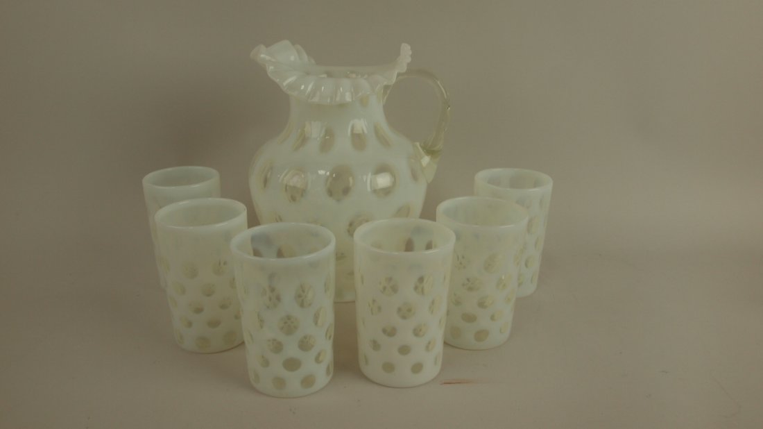 Fenton French opalescent coin dot 7 pc water set with: Fenton French opalescent coin dot 7 pc water set with #1353 ruffled jug with 6 #1449 9 oz tumblers