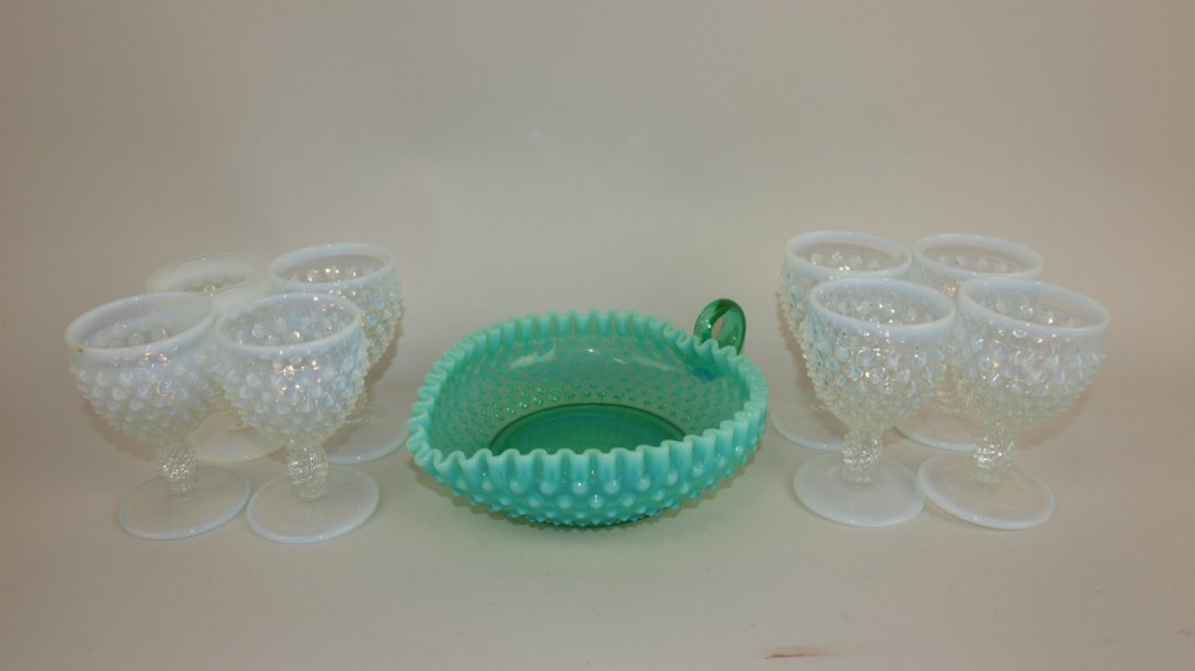 Fenton French opalescent hobnail set of 8 #3843 wine: Fenton French opalescent hobnail set of 8 #3843 wine goblets and emerald green heart dish #3733