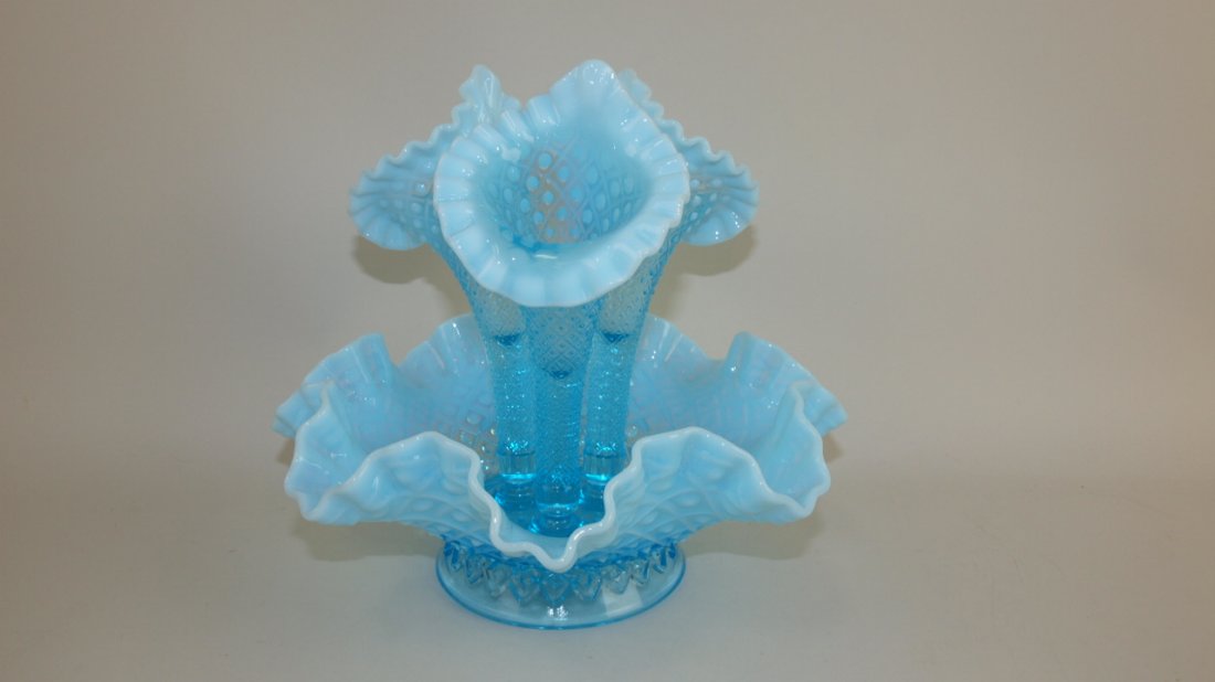 Fenton blue opalescent Diamond Lace hobnail 3 horn: Fenton blue opalescent Diamond Lace hobnail 3 horn epergne 10"w, 9 1/2h"