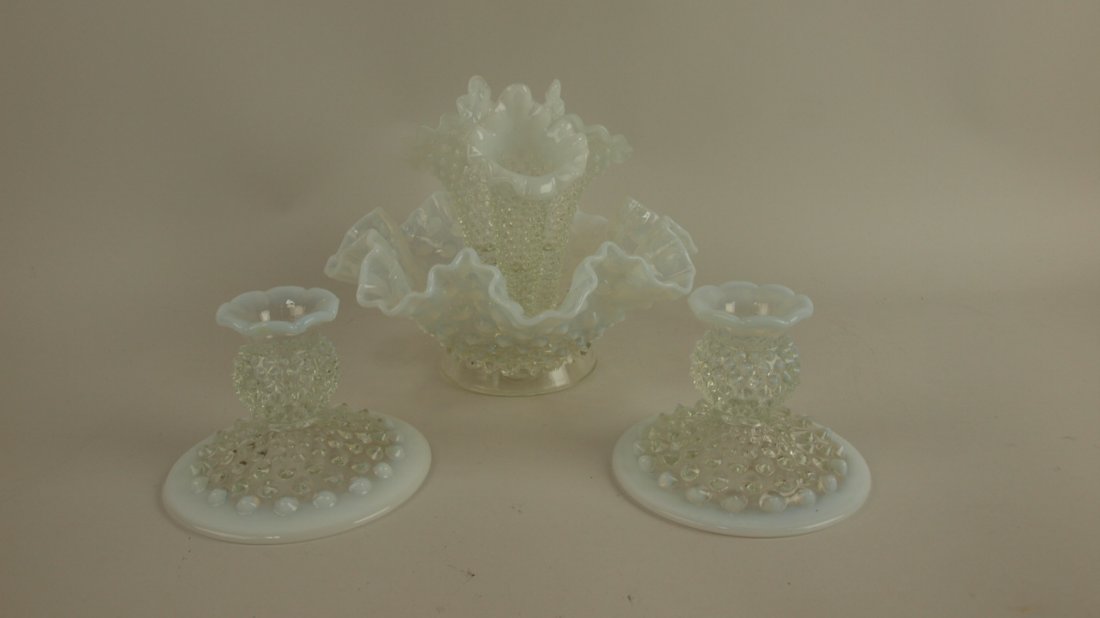 Fenton French opalescent hobnail #3801 3 horn epergne: Fenton French opalescent hobnail #3801 3 horn epergne and pair of matching #3974 candle holders