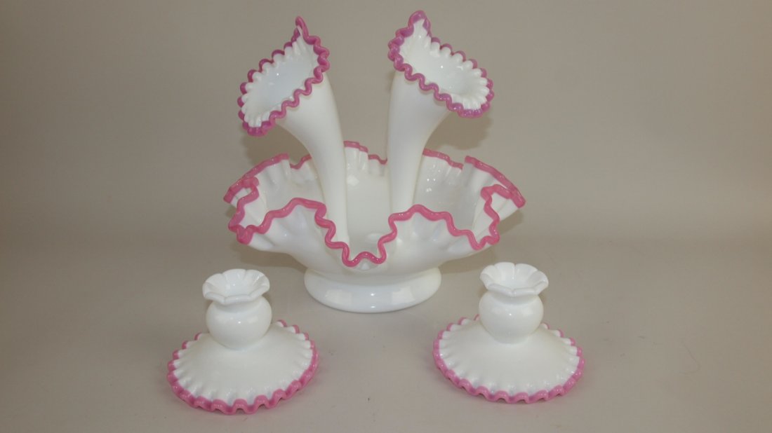 Fenton Apple Blossom #7308 4 pc epergne (missing one: Fenton Apple Blossom #7308 4 pc epergne (missing one horn) and pair of #7271 candle holders