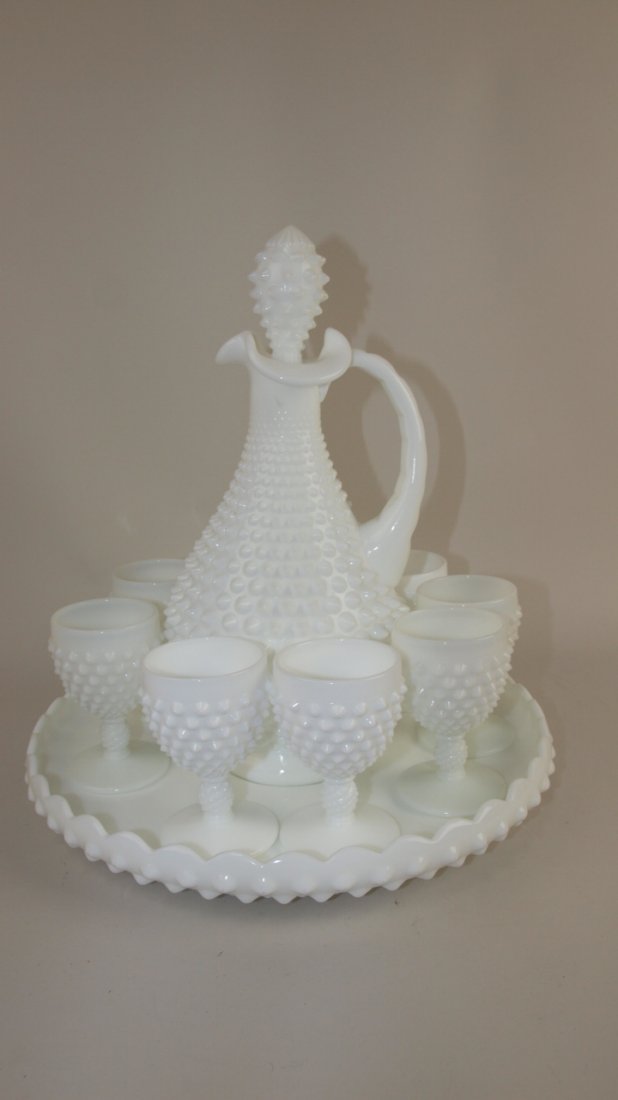 Fenton white hobnail 10 pc wine set: #3761 decanter and: Fenton white hobnail 10 pc wine set: #3761 decanter and 8 #3843 wine goblets