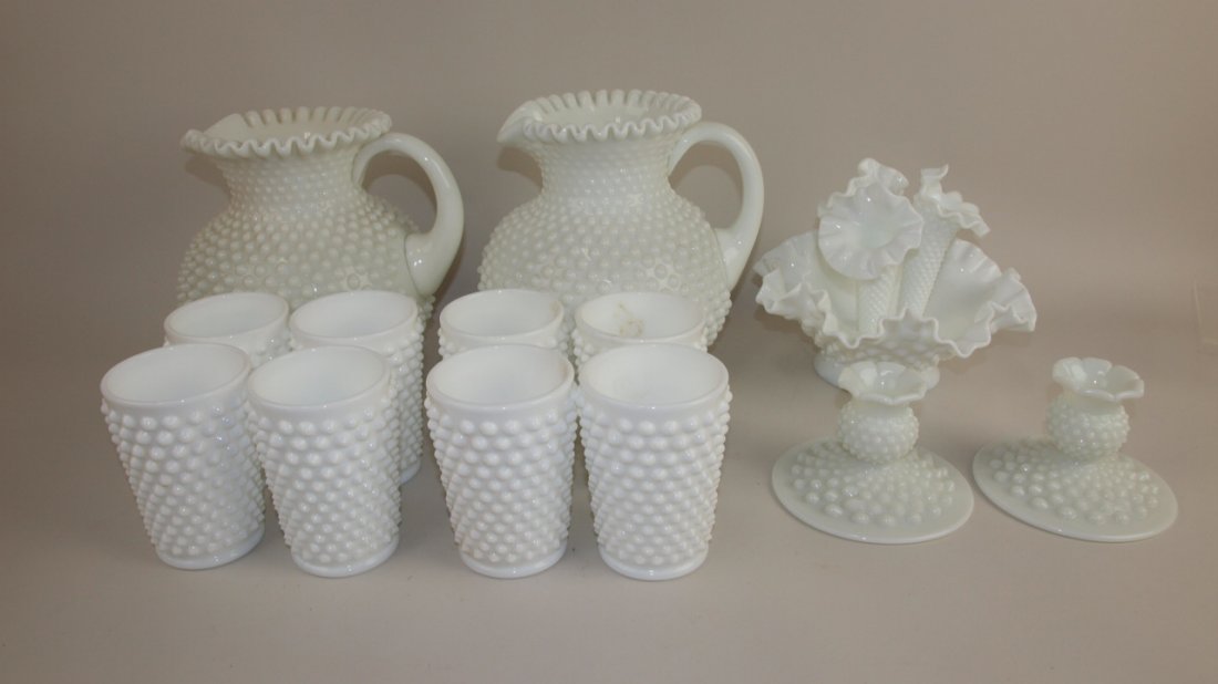 Fenton white hobnail lot of 13 pcs: 2 #3967 80 oz jugs,: Fenton white hobnail lot of 13 pcs: 2 #3967 80 oz jugs, 8 #3949 tumblers, 3 horn epergne #3701, and pair of #3974 candle holders