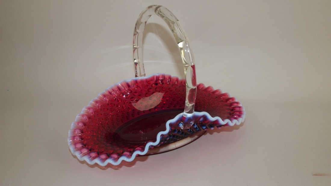 Fenton plum opalescent hobnail #3839 oval 12" basket: Fenton plum opalescent hobnail #3839 oval 12" basket