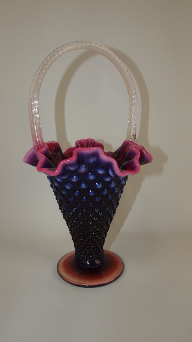 Fenton plum opalescent hobnail 12" basket, limited run: Fenton plum opalescent hobnail 12" basket, limited run of 6 pieces for the Kansas City Fenton Finders Club, whimsy, RARE