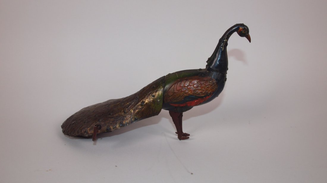 German Epo Pao-Pao tin litho Peacock wind up toy,: German Epo Pao-Pao tin litho Peacock wind up toy, missing head feathers