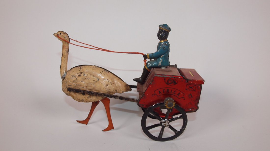 Lehmann German Africa ostrich with cart tin litho wind: Lehmann German Africa ostrich with cart tin litho wind up