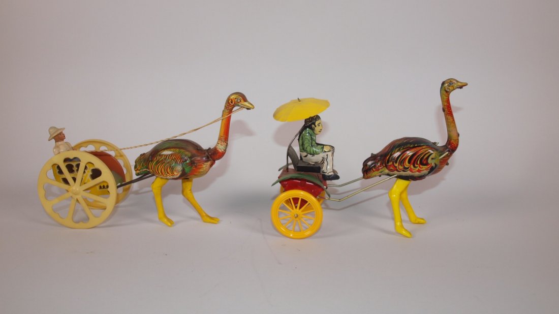 Pair of ostrich & cart tin litho toys 40: Pair of ostrich & cart tin litho toys 40