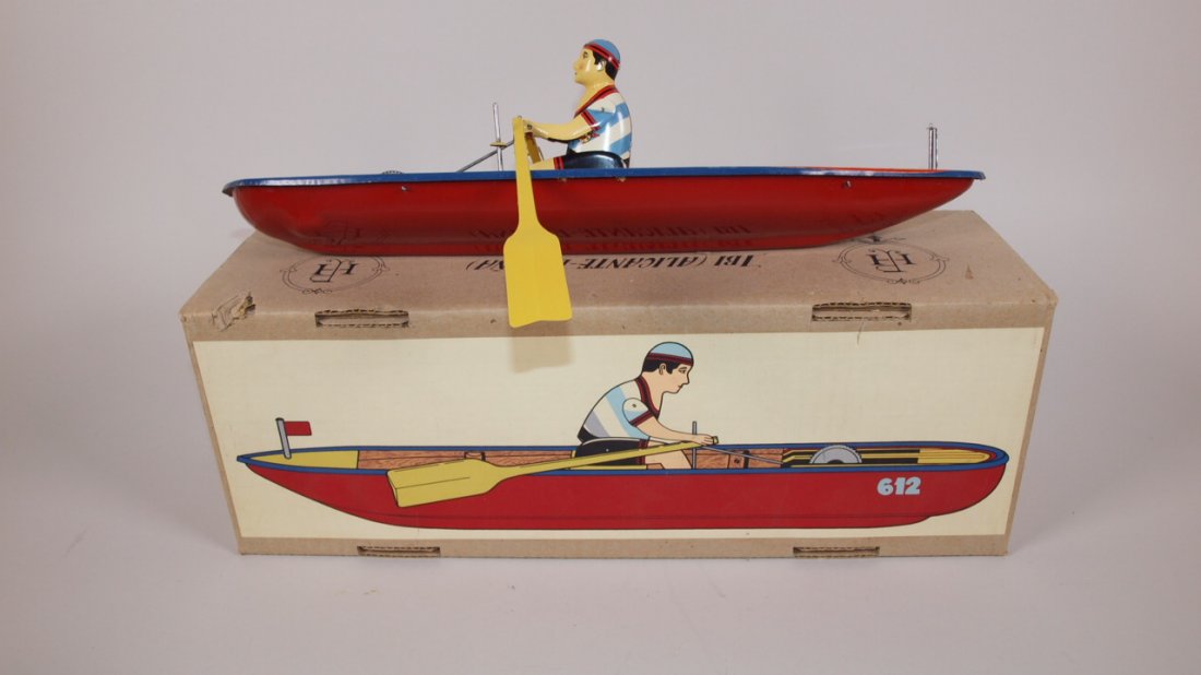 Paya S.C.V.L. tin lithograph boat with box: Paya S.C.V.L. tin lithograph boat with box