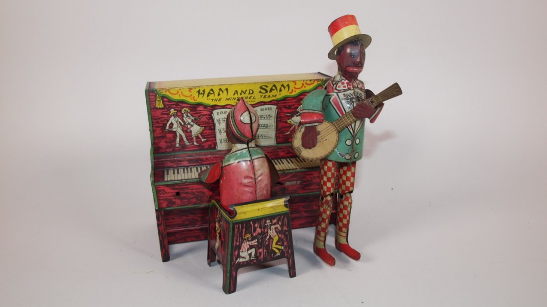 Strauss "Ham & Sam, the Minstrel Team" tin litho wind: Strauss "Ham & Sam, the Minstrel Team" tin litho wind up toy