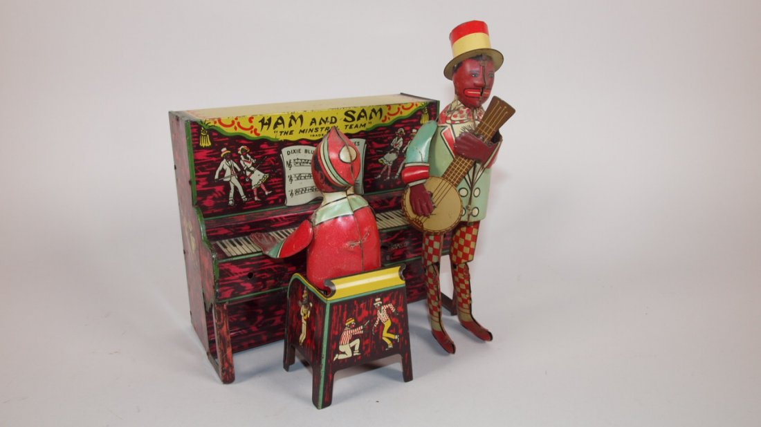 Strauss "Ham & Sam, the Minstrel Team" tin litho wind: Strauss "Ham & Sam, the Minstrel Team" tin litho wind up toy