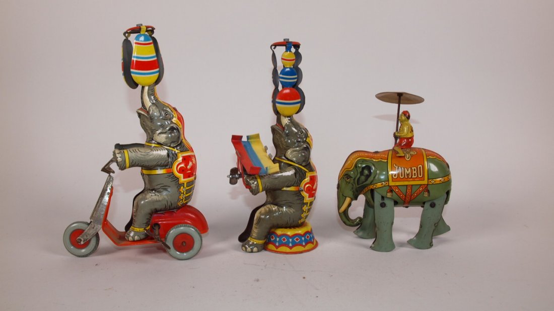 German tin litho lot of 3 elephant wind up toys: German tin litho lot of 3 elephant wind up toys