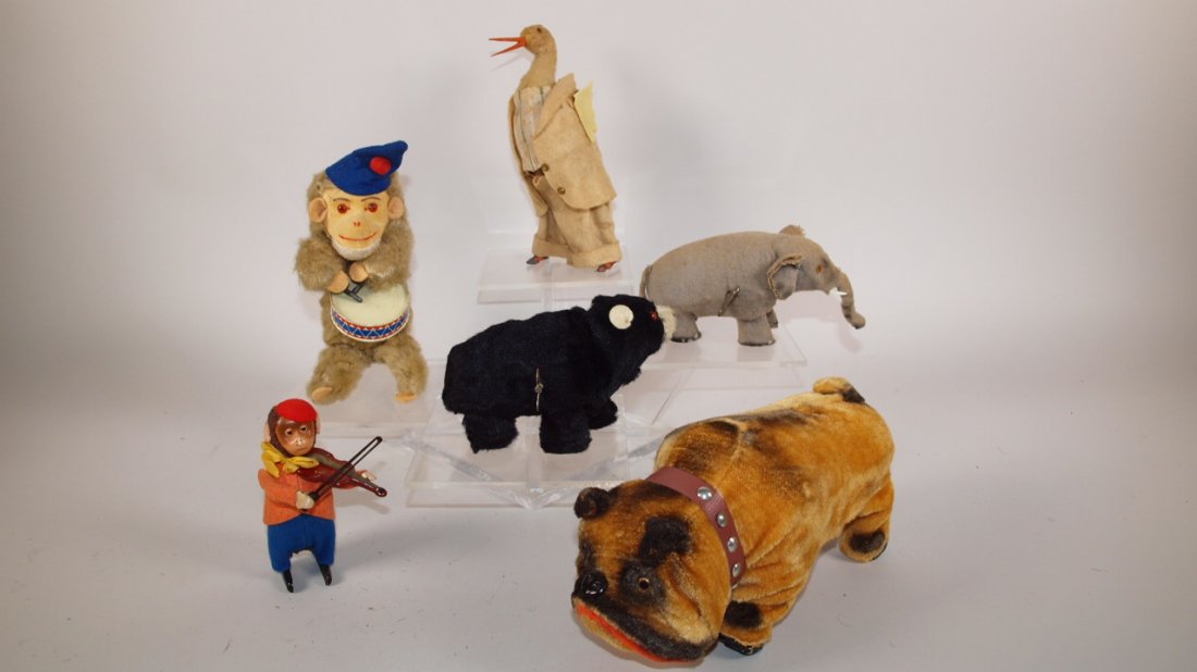 Tin litho and fur covered wind up toys, lot of 6: Tin litho and fur covered wind up toys, lot of 6