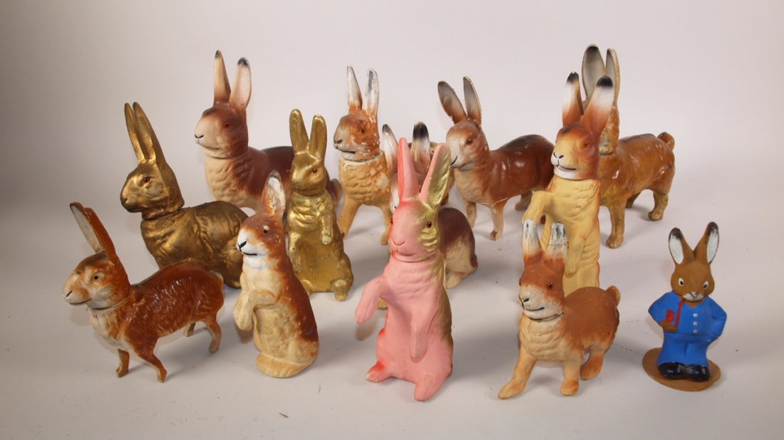 German paper mache & chalk lot of 13 candy containers,: German paper mache & chalk lot of 13 candy containers, some wear