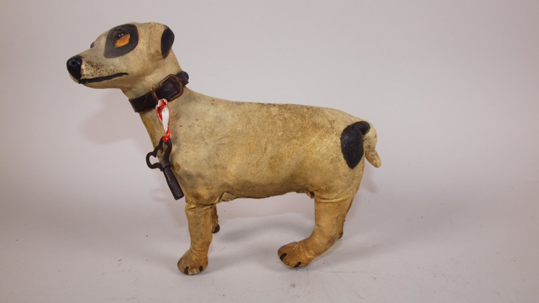 Early leather & tin wind up dog toy, 7 1/2": Early leather & tin wind up dog toy, 7 1/2"