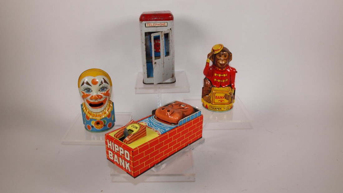 Tin litho lot of 4 banks: telephone booth, clown,: Tin litho lot of 4 banks: telephone booth, clown, monkey, hippo