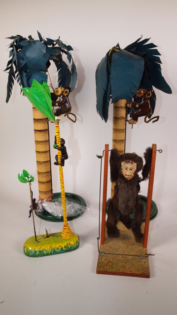 Lot of 4 tin litho & wood monkey toys: Lot of 4 tin litho & wood monkey toys