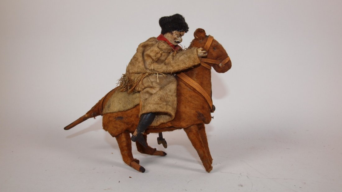 Early wood & cloth horse & rider wind up toy: Early wood & cloth horse & rider wind up toy