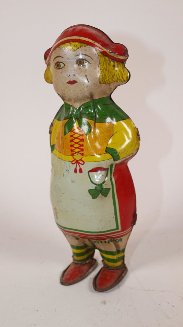 Lindstrom Dancing Katinka tin litho wind up toy, some: Lindstrom Dancing Katinka tin litho wind up toy, some rust on back