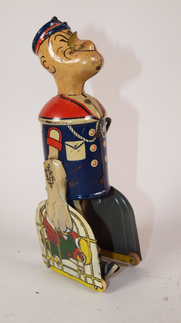 Marx Popeye & Parrots tin litho wind up toy, rust on: Marx Popeye & Parrots tin litho wind up toy, rust on shoulder on one side